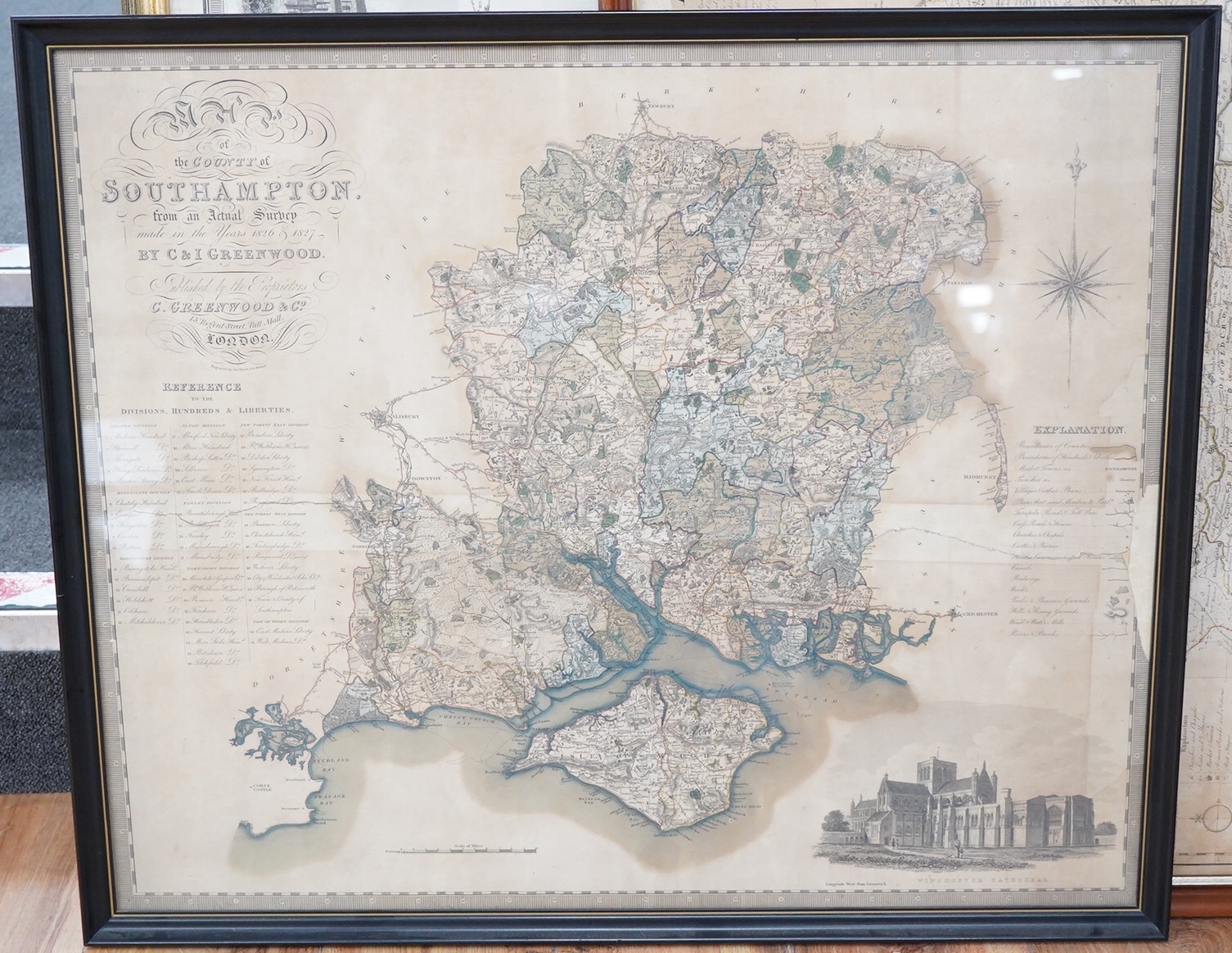 After Christopher and John Greenwood (19th. C), Hand coloured engraved map of the County of Southampton from an actual survey made in the years 1826 and 1827, engraved by J & J Neele together with another example of Durh